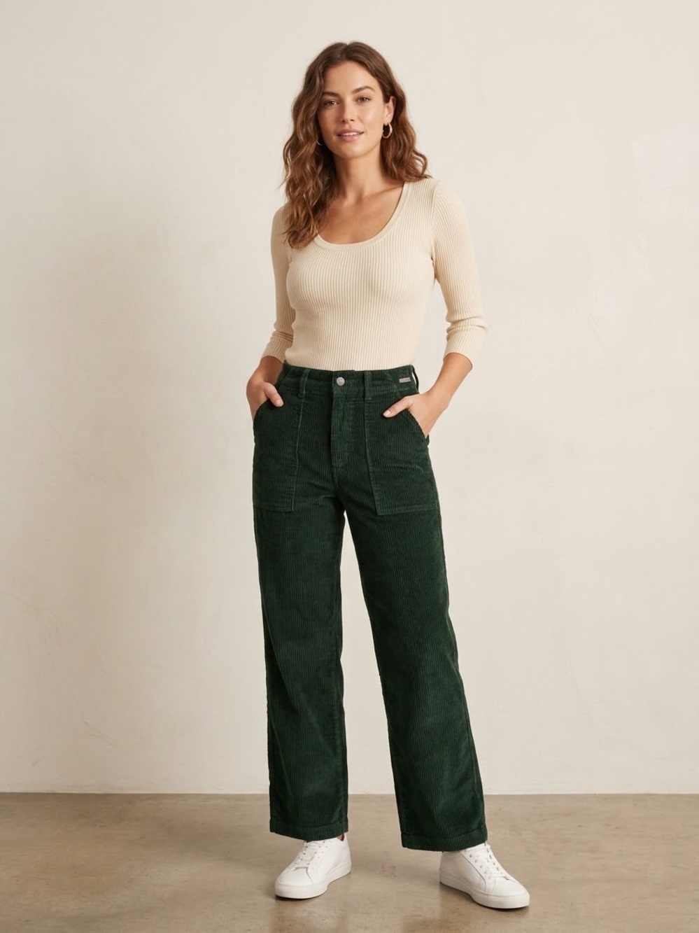 Pact Organic Cotton Corduroy High Waist Straight Leg Pants in Forest Green Sz S